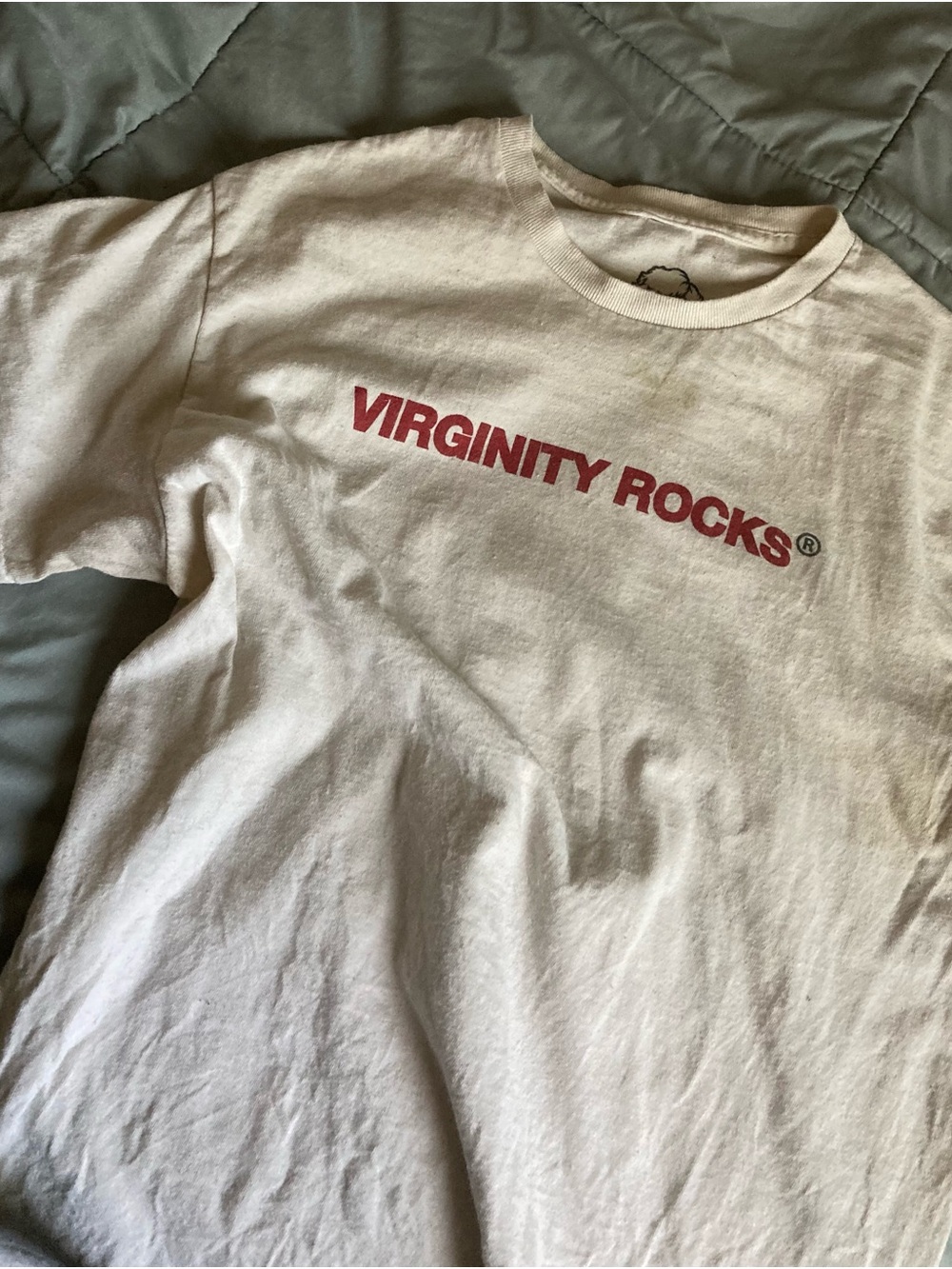 Virginity Rocks® Short Sleeve Tee - White with Red Logo